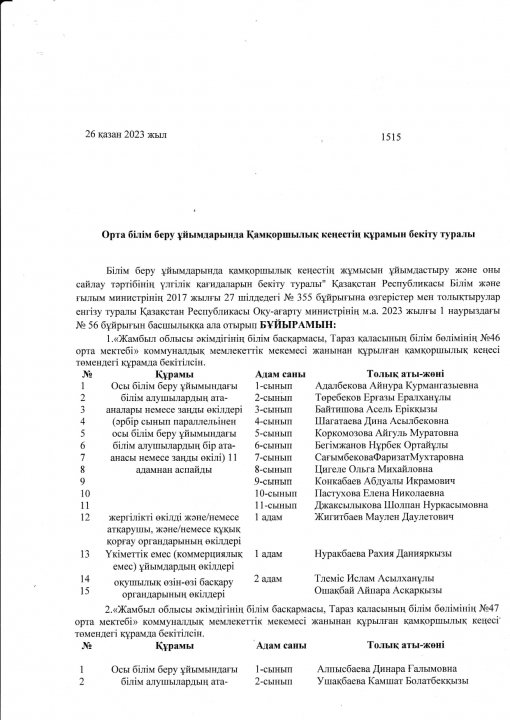 Орта білім беру ұйымдарында Қамқоршылық кеңестің құрамы